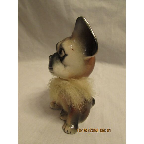 Vintage Bulldog figurine statue furry neck Japan brown black dog puppy - Picture 3 of 7